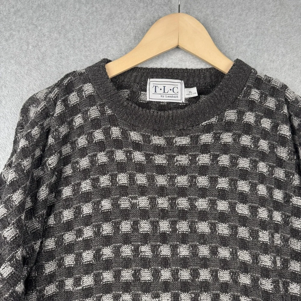 VTG TLC by Lambert Sweater Mens XL Gray Checkerboard Textured Knit USA Grandpa